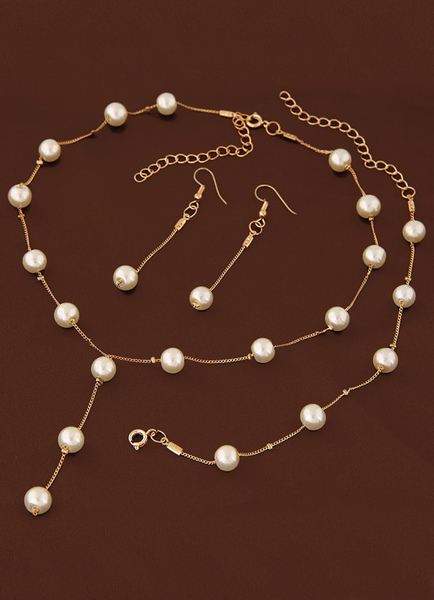 Image of Wedding gioielli Set collana di perle con bracciale e orecchino oro Accessori nuziali In 3 pezzi