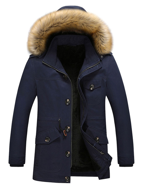 Image of Black Parka Coat Faux Fur Hoodie Jacket Men Lined Detachable Overzied Winter Coat