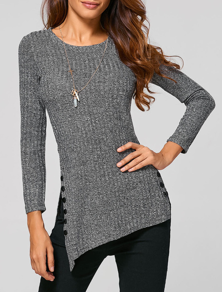 

Grey Pullover Sweater Women's Long Sleeve Side Slit Round Neck Knit Sweater