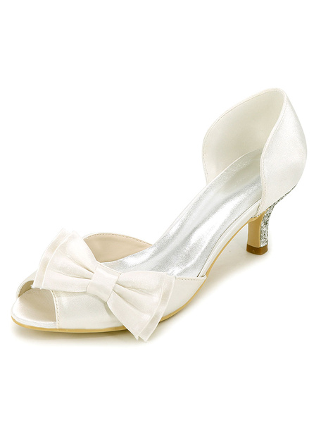 

Ivory Wedding Shoes Satin Kitten Heel Pumps Bow Peep Toe Bridal Shoes