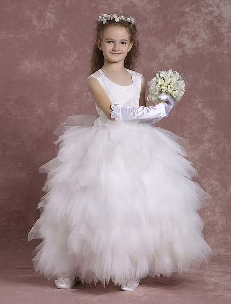 Image of Ivory Flower Girl Dresses Backless Tulle Ball Gown Toddler's Ankle Length Tutu Dinner Dress