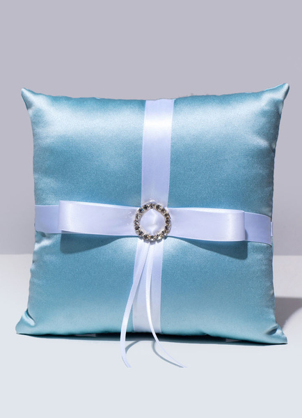 

Ring Bearer Pillow Blue Rhinestone Ribbons Bow Satin Wedding Pillow