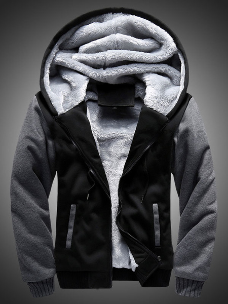 

Black Men's Hoodie Lined Contrast Color Zip Up Hooded Jacket