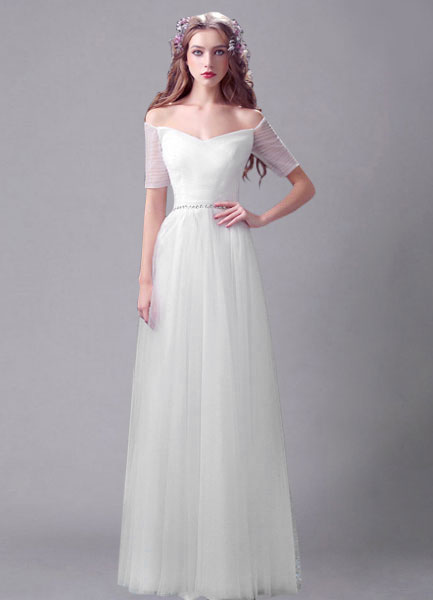 Milanoo  Duchesse-Linie Günstiges Brautkleid aus Tüll mit Carmenausschnitt und Perlen-Applikation bo