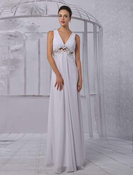 Milanoo  A-Linie-Brautkleid aus Chiffon mit V-Ausschnitt mit Spitzen bodenlang in Elfenbeinfarbe