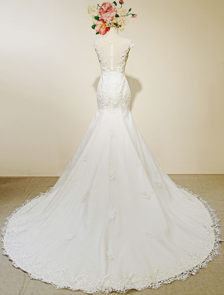 Milanoo High Qulity Lace Mermaid Wedding Dress Illusion Chaple Train Ivory Beading Bridal Gown