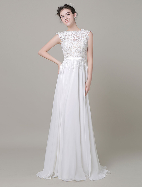 Milanoo Chiffon Wedding Dress Bateau Lace Satin Sash Floor Length A Line Summer Bridal Dress
