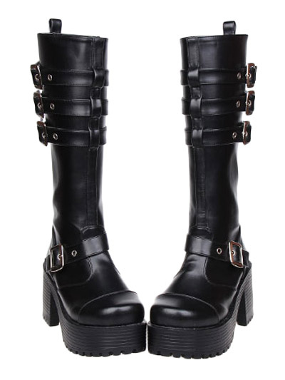 Milanoo Matte Black Lolita Boots Square Heels Boots Straps Buckles