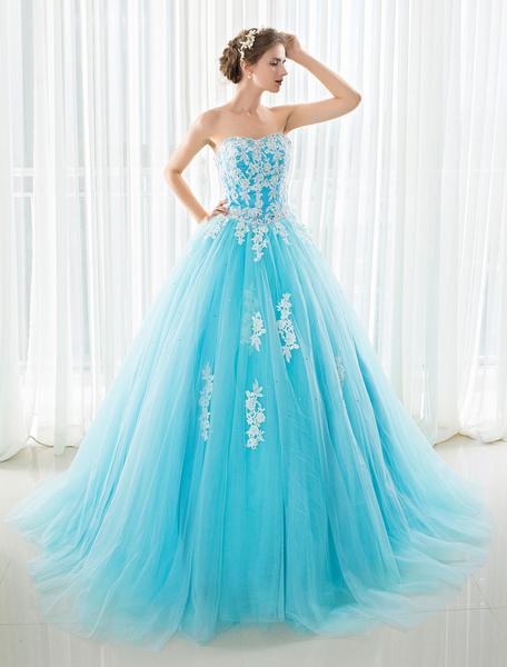 Milanoo Blue Wedding Dress Lace Applique Tulle Court Train Strapless Sweetheart Lace-Up A-Line Brida
