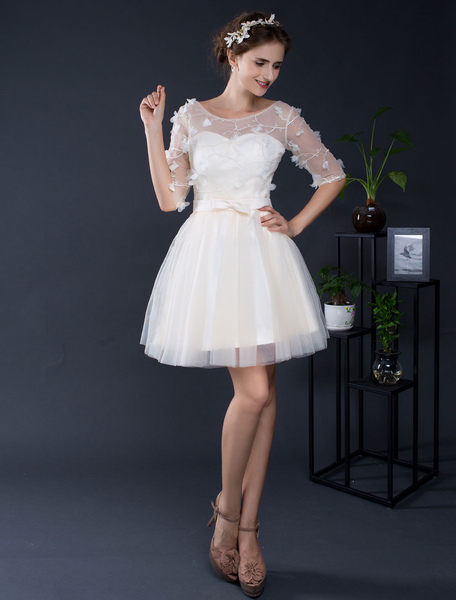 Milanoo Hochzeitskleid kurze Tüll Off-the-Shoulder halblangen Ärmeln Mini Brautkleid a-line Illusion
