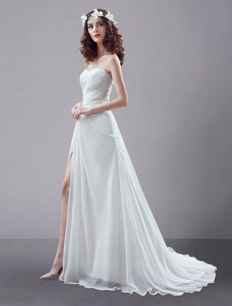 Milanoo White Wedding Dress Strapless Twisted Split Rhinestone Chiffon Wedding Gown