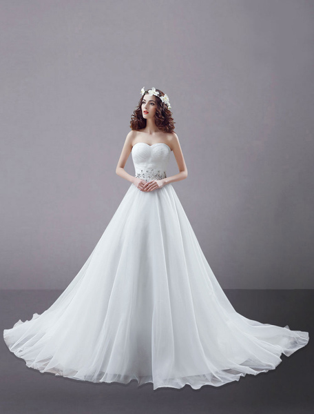 Milanoo  A-Linie-Brautkleid aus und Herz-Ausschnitt und Kunstdiamanten Mit Schleppe in Weiß
