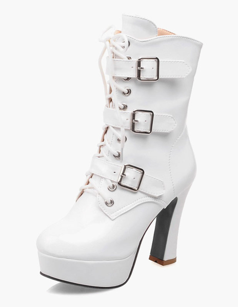 

White Patent PU Platform Mid Calf Boots With Buckle, Red;white;black