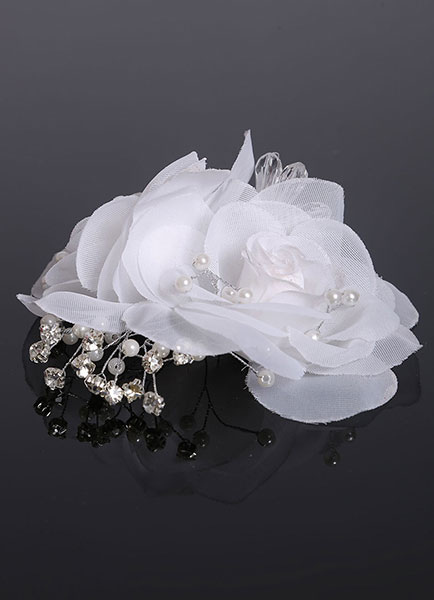 Image of White Wedding Headpieces Crepe Flowers Pearl Rhinestone Bridal Hair Pins