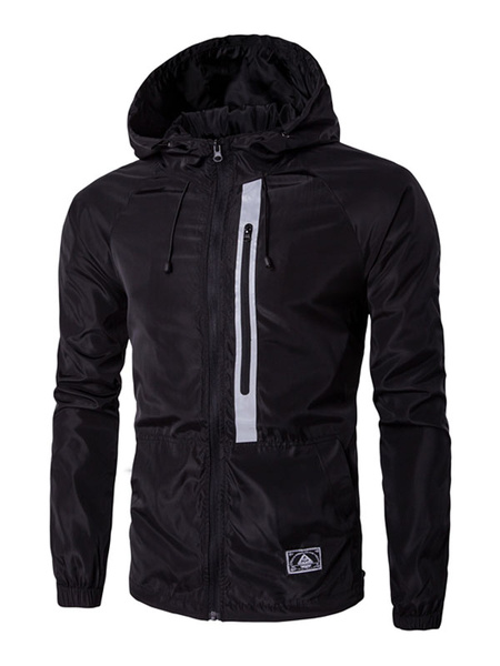 

Black Men's Jacket Long Sleeve Zip Up Drawstring Hooded Windbreaker Jacket, Black;white;dark navy;grey