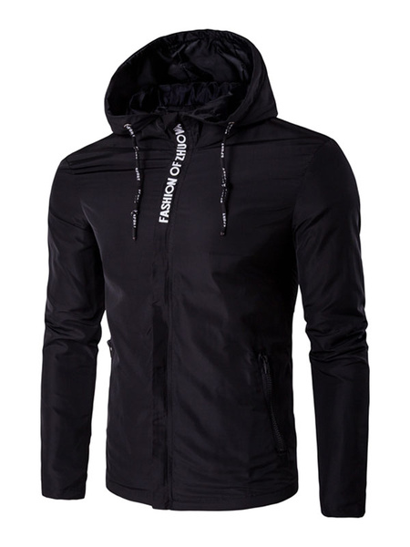 

Black Windbreaker Jacket Drawstring Hooded Long Sleeve Casual Zip Up Jacket, White;black;dark navy;grey