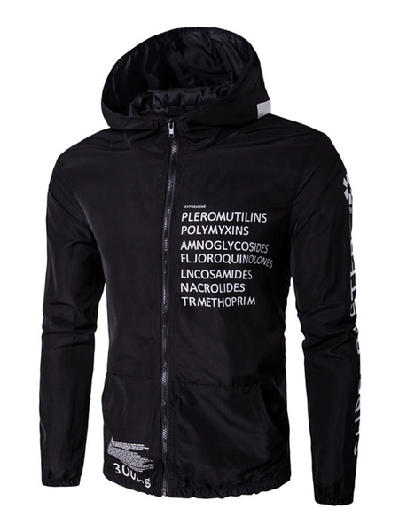 

Black Windbreaker Jacket Hooded Letters Printed Elastic Bottom Long Sleeve Zip Up Jacket, Grey;dark navy;black;white