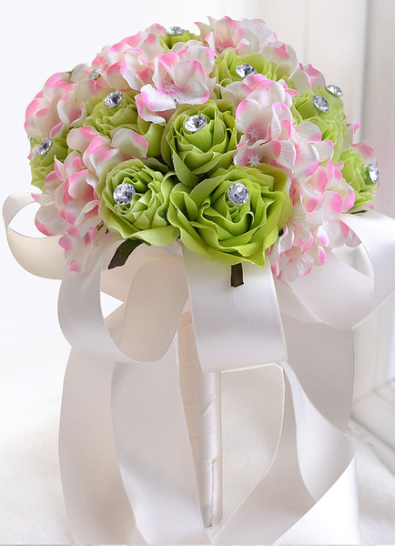 

Wedding Flowers Bouquet Rhinestones Beaded Hand Tied Ribbons Round Shaped Green Silk Flower Bridal B, Lavender;light green