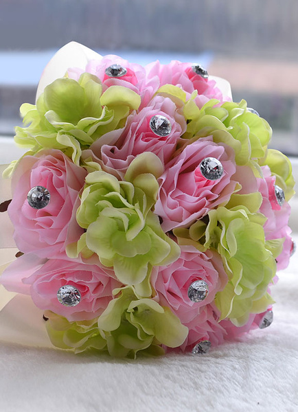 

Wedding Flowers Bouquet Pink Green Rhinestones Beaded Ribbons Hand Tied Silk Bridal Flower, Pink;lavender