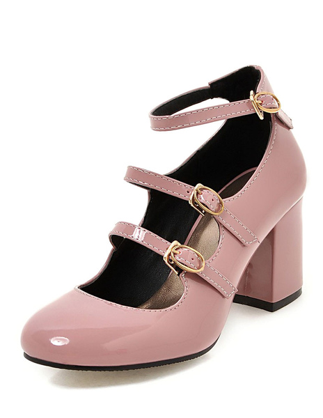 Milanoo Pink Mid Heels Round Toe Ankle Strap Mary Jane Shoes For Women