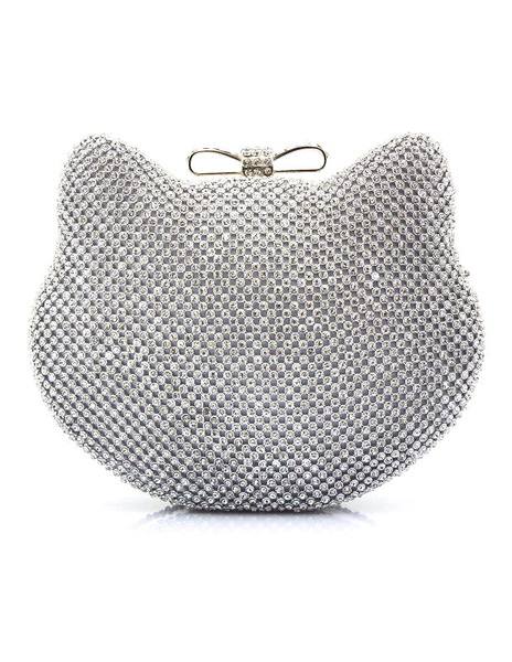 

Glitter Evening Handbags Silver Cat Shaped Rhinestone Kiss Lock Mini Wedding Clutch Bags, Black;silver;blond