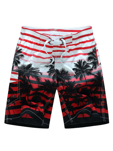 Image of Mens Swim Trunks Yellow Swimsuit Shorts With Cocoanut Trees Printed Drawstring Waist Hawaiian Summer Shorts