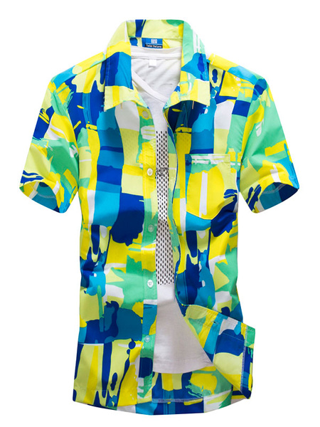 Image of Summer Top Men Color Block Casual Shirt Short Sleeve Shirt