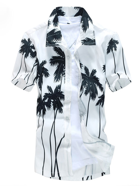 Image of White Beach Shirt Plus Size Short Sleeve Casual Shirt Palm Tree Tropical Print Summer Shirt For Men