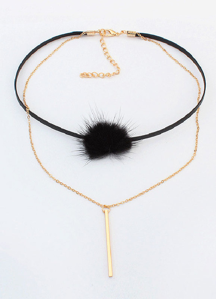 

Layered Choker Necklace Chain Gold Black Pom Poms Women's Double Strand Pendant Necklace