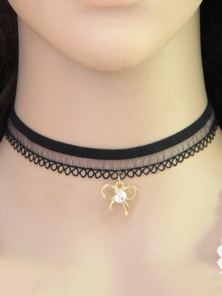 

Black Choker Necklace Women's Lace Rhinestones Short Necklace