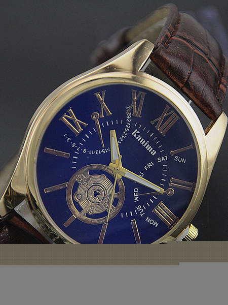 Image of Men's Quartz Watch Round Blue Roman Numeral Dial Leather Band Analog Fashion Watch