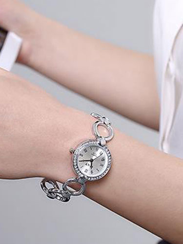 

Silver Wrist Watch Round Rhinestones Beaded Dial Metal Alloy Cut Out Ban Chic Quartz Watch