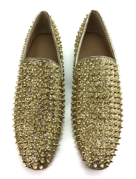 Milanoo Men's Gold Glitter Spike Loafers Slip On Prom Shoes Party Shoes