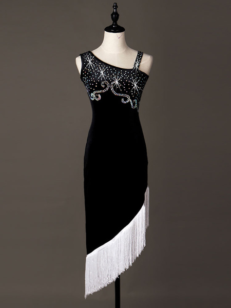 costumes de danse latine noir perles robe asymétrique sans manches avec des glands déguisements halloween