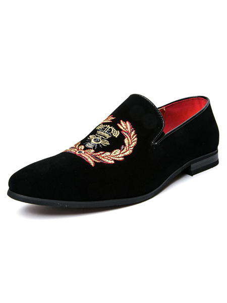 

Men's Black Loafers Logo Embroidered Flat Slip On Shoes