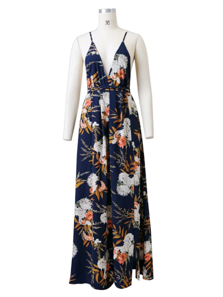 Image of Boho Maxi Dress Floral Print Plunging Women's High Split Backless Summer Long Slip Dresses
