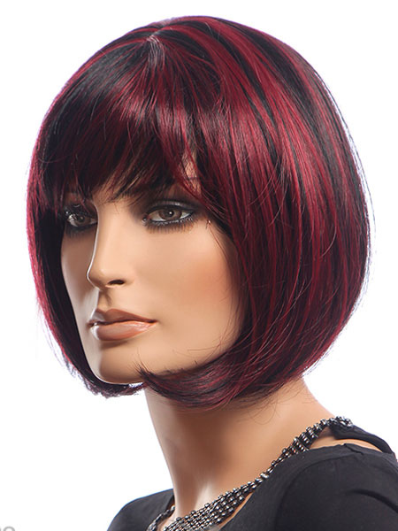 

Women's Bob Wigs Burgundy Highlighting Synthetic Short Wigs With Fringe