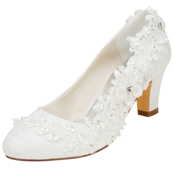 

Ivory Wedding Shoes Silk Round Toe Flowers Beaded Low Heel Bridal Pumps