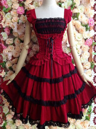 Milanoo Gothic Lolita Dress JSK Cotton Lace Trim Pleated Red Lolita Jumper Skirt