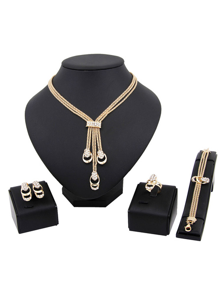 

Statement Necklace Set Rhinestones Grommets Layered Women's Luxurious 4 Pieces Jewelry Set