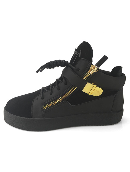 

Black Skate Shoes Leather Round Toe Lace Up Metal Detail High Top Sneakers