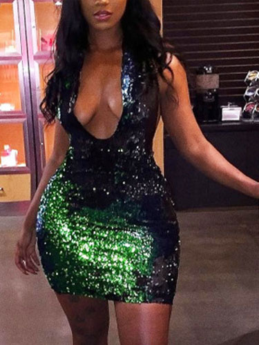 

Green Club Dress Plunging Neck Sleeveless Sequins Backless Women's Bodycon Dresses