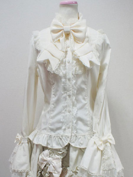 Image of Rococo Lolita Blouse Cotton Lace Trim Flare Sleeve Bowknot Ruffles Ecru White Lolita Top