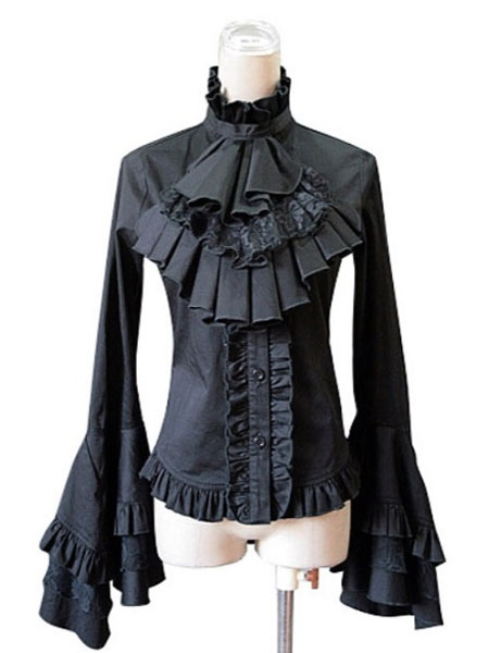 Milanoo Gothic Lolita Blouse Lace Patch Cotton Pleated Bow Ruffles Two Tone White Lolita Top