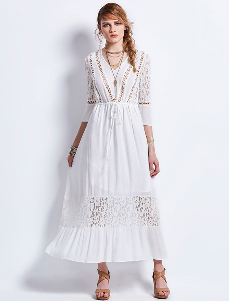 

White Maxi Dress Women Long Sleeve V Neck Semi Sheer Summer Dresses