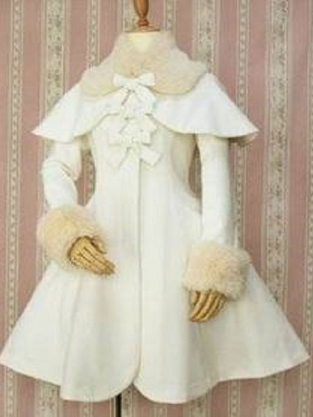 Milanoo Gothic Lolita Overcoat Bows A Line White Lolita Coat With Detachable Fur And Cape