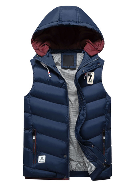 Image of Blue Quilted Jacket Hooded Sleeveless Logo Print Zip Up Slim Fit Men's Winter Vest Jacket