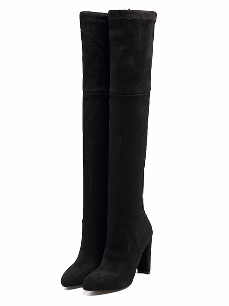 Milanoo Thigh High Boots Womens Suede Lace Up Pointed Toe Chunky Heel Over The Knee Boots