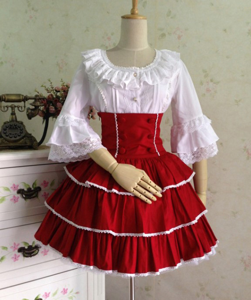 Image of Gonna Lolita rossa stile di Rococò in cotone bicolore