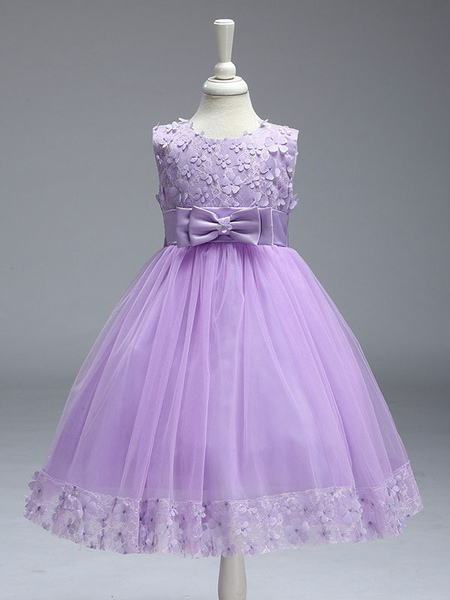 Image of Flower Girl Dresses Princess Lilac Purple Lace Tulle Ribbon Bows Kids Tutu Party Dress